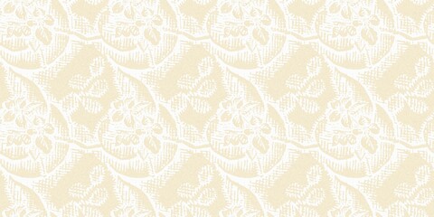 Modern white on cream lace effect wedding border texture. Soft tonal linen openwork block print with subtle hand drawn lattice damask printed fabric banner edge trim. 