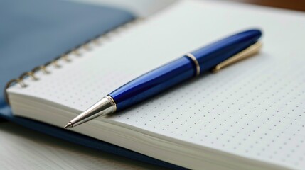 Blue pen next to empty notebook