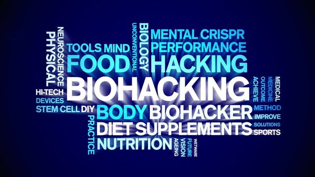 Biohacking animated word cloud;text design animation tag kinetic typography seamless loop.