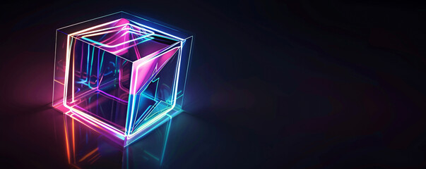 futuristic neon holographic light cube on a black background