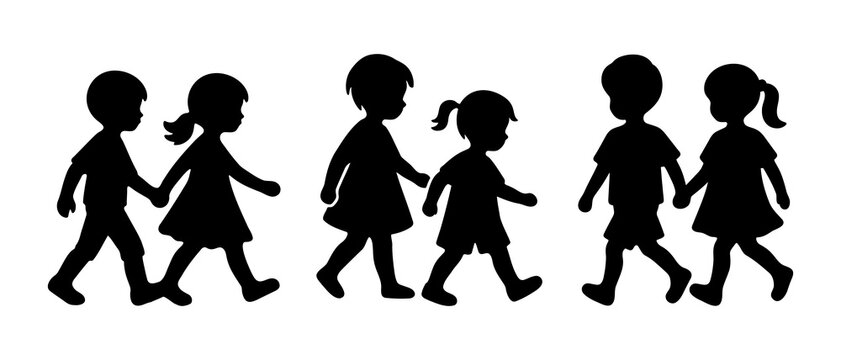 Children walking side view silhouette black filled vector Illustration icon