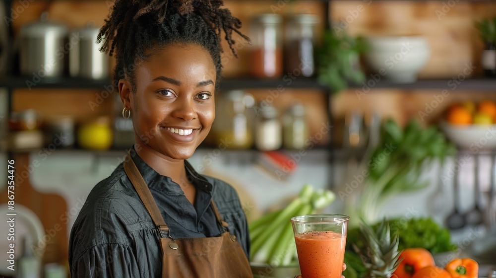 Wall mural smiling black woman in a kitchen holding a glass of smoothie, with a blender with fresh vegetables