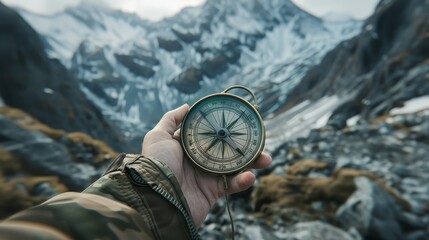 Person holding compass in hand on winter mountain background.