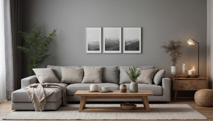 The living room is beautifully decorated, with light falling on it.AI generated