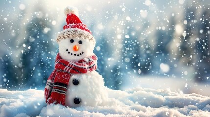 Fototapeta premium Festive Snowman Enjoying Winter Wonderland - Smiling Snowman with Scarf and Hat in Snowy Scene