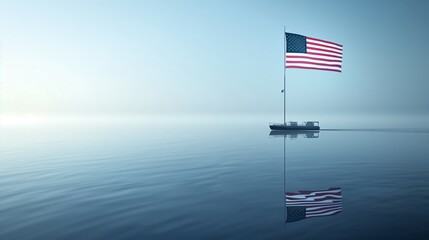 An American flag flying from a tall mast on a ferry crossing a calm, reflective lake.