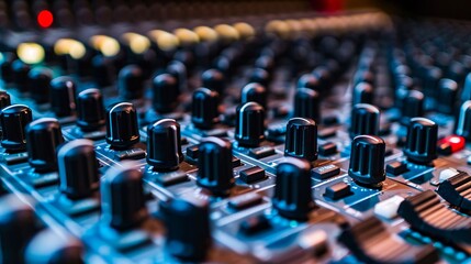 Obraz premium A close up of an audio mixing board.