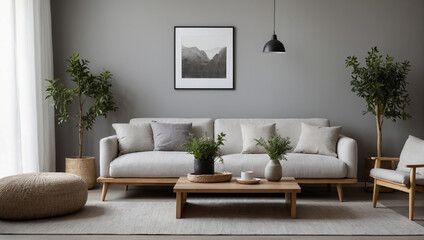 The living room is beautifully decorated, with light falling on it.AI generated