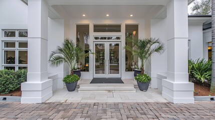 A close-up view of a white front door with decorative molding, a silver door handle, and potted plants on either side
