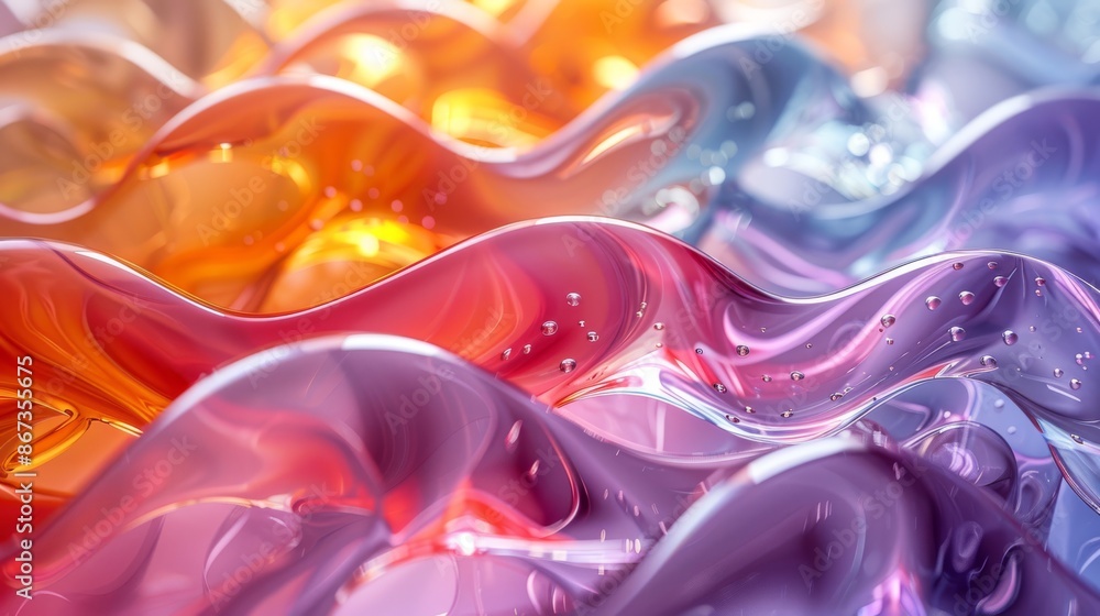 Poster a vibrant multicolored gradient wave texture with reflective surfaces, creating an abstract and flui