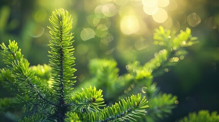 Fresh green spruce shoots in the forest during springtime with blurred bokeh background