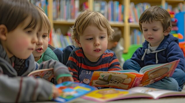 Young children, both boys and girls, are engaged in reading various books in a cooperative setting.