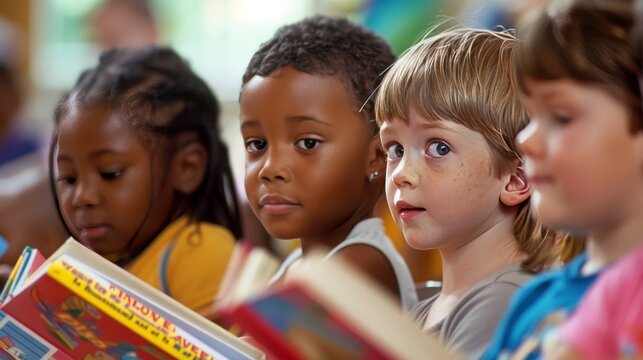 Young children, both boys and girls, are engaged in reading various books in a cooperative setting.