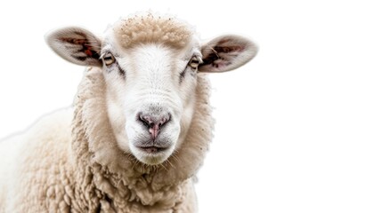 Fototapeta premium A white sheep chewing while facing the camera on a plain white background