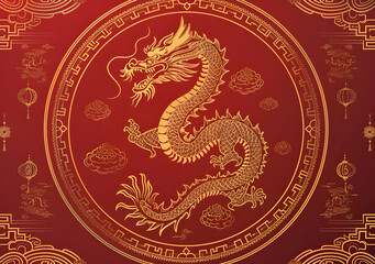 Obraz premium A golden dragon silhouette with the Chinese zodiac sign of the dragon in the center of a red background with a gold outline.