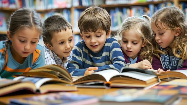Young children, both boys and girls, are engaged in reading various books in a cooperative setting.