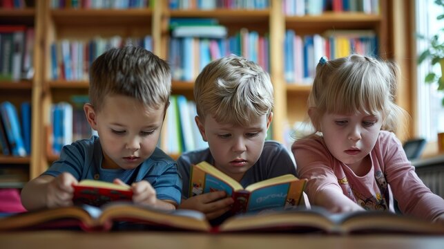 Young children, both boys and girls, are engaged in reading various books in a cooperative setting.