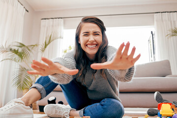 Baby, pov and portrait with excited woman, toys and playroom for toddler with parent, cheerful and...