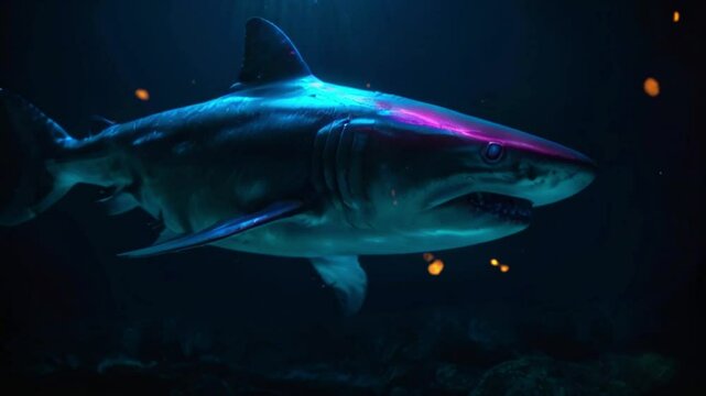 A great white shark with a glowing purple and blue pattern on its body is swimming in deep blue water.