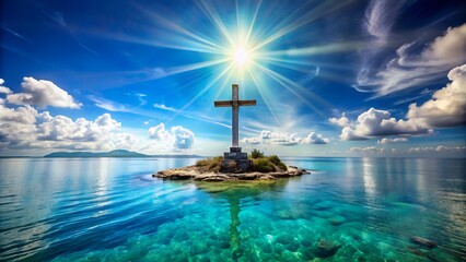 Fototapeta premium A majestic Christ Cross stands solitary on a serene island in the midst of a vast, turquoise open sea, radiating faith and power under a brilliant blue sky.