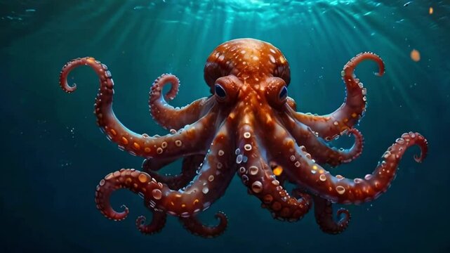 An octopus, having eight tentacles and being reddish-brown with white spots, is seen swimming in a blue ocean with a coral reef in the background in this video.