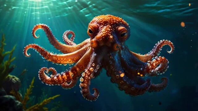 Here is a video showing an octopus with eight tentacles, colored reddish-brown with white spots, swimming in a blue ocean, and a coral reef visible in the background.