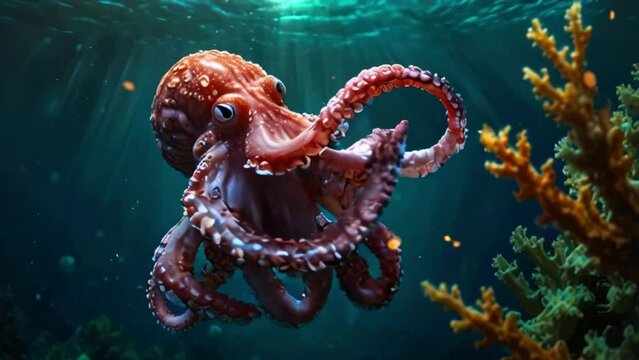 This is an video of an octopus. It has eight tentacles and is reddish brown in color with white spots. It is swimming in a blue ocean with a coral reef in the background.