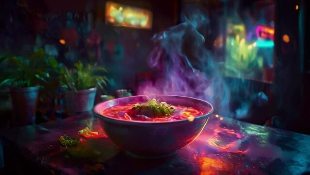 A bowl of steaming soup with chopsticks resting on the side of the bowl. The background is blurry with a hint of other objects on the table.