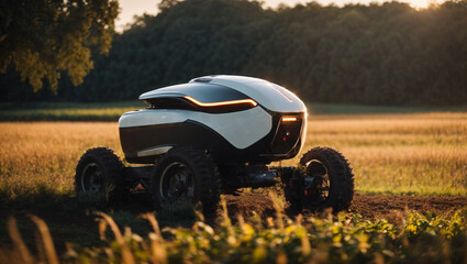 farming Robot in a field with morning sunshine, Generative Ai