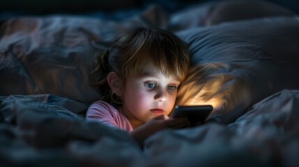 girl addicted to phone Sleepy, exhausted, lying in bed using a smartphone. Can't sleep. Sad, bored in bed, scrolling through social networks at night in the dark.