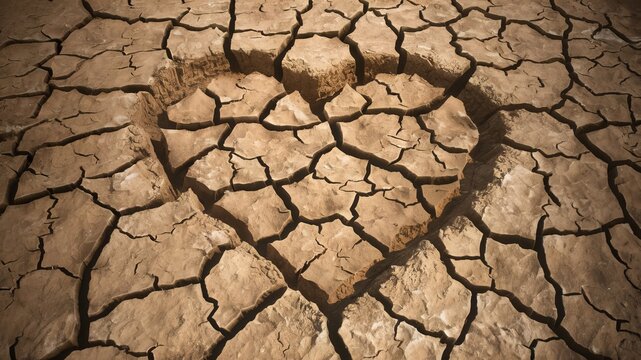 The barren ground has a network of barren cracks, the surface of which is cracked in the shape of a heart.