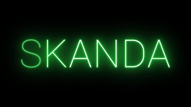Flickering neon green glowing Skanda text animated on black background