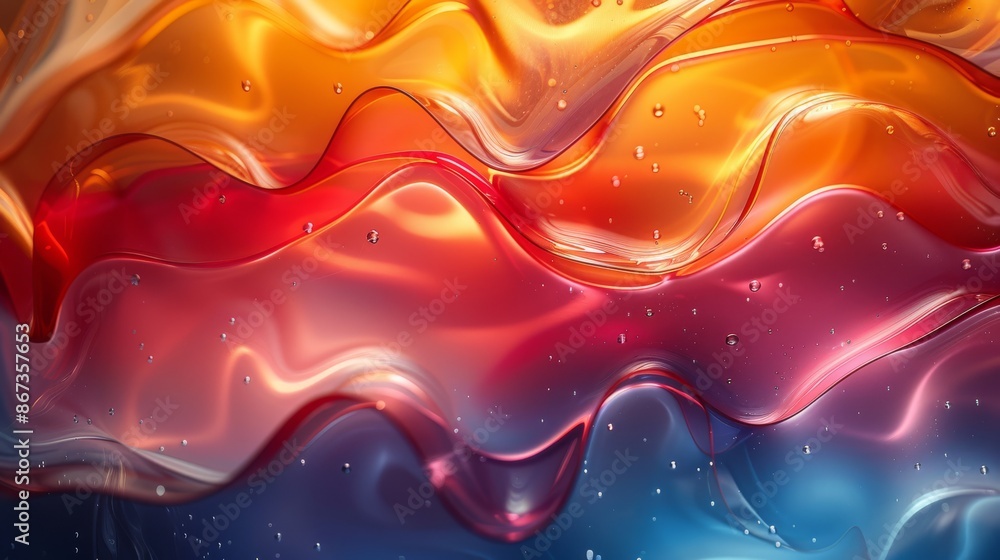 Poster a vibrant multicolored gradient wave texture with reflective surfaces, creating an abstract and flui