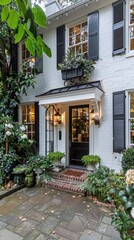 Obraz premium A close-up view of a white front door with decorative molding, a silver door handle, and potted plants on either side