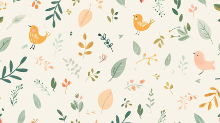 Children's pattern in subtle colors. Delicate background with leaves and birds on a light background