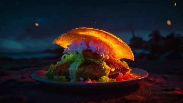 This is a video of a taco with a fried egg on top of it. The taco is on a plate with a fork next to it. The background is a dark blue with a light blue circle in the center.