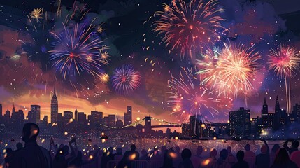 Spectacular fireworks display lighting up the night sky over a city. People watching and celebrating Independence Day.