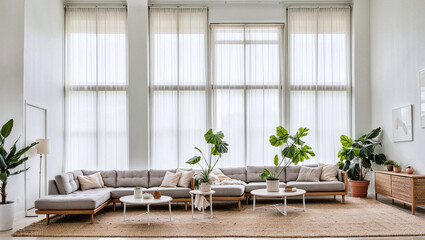 bright, airy living room with minimalist furniture and decor, featuring neutral colors and natural light.