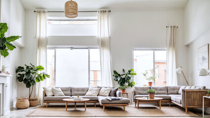 bright, airy living room with minimalist furniture and decor, featuring neutral colors and natural light.