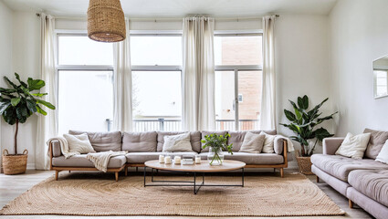 bright, airy living room with minimalist furniture and decor, featuring neutral colors and natural light.