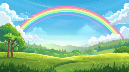 Vibrant rainbow arching over a lush green landscape. Cartoon illustration of nature, hope, and beauty.
