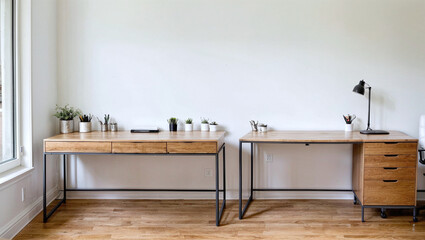 Showcase a minimalist home office with clean lines, functional furniture, and a clutter-free desk setup.