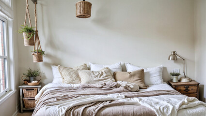White bed, colored cloth Decorate your bedroom in a modern Scandinavian style.