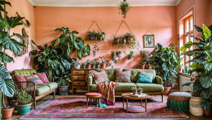 A bohemian-inspired living space with vibrant colors, eclectic furniture, and an abundance of plants