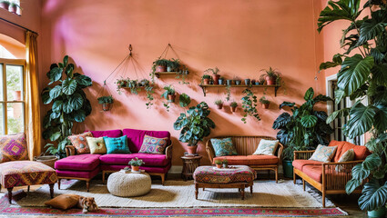 A bohemian-inspired living space with vibrant colors, eclectic furniture, and an abundance of plants
