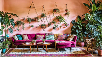 A bohemian-inspired living space with vibrant colors, eclectic furniture, and an abundance of plants