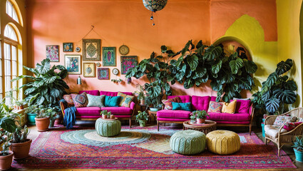 A bohemian-inspired living space with vibrant colors, eclectic furniture, and an abundance of plants