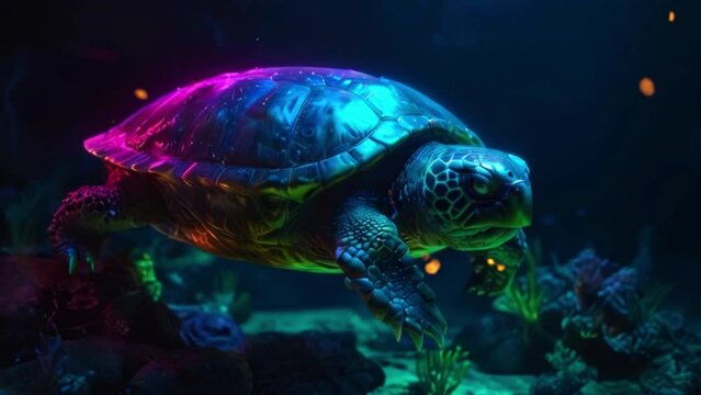 The video captures a green sea turtle swimming in a dark blue ocean, with its shell emitting a rainbow of colors.