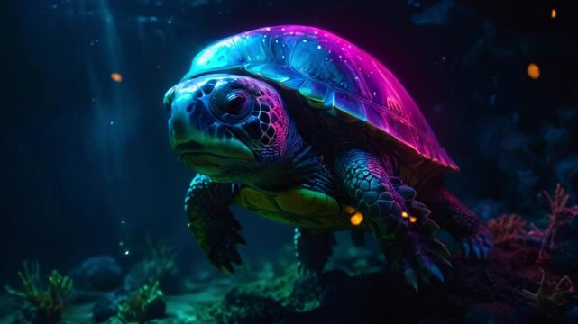 In this video, a green sea turtle is seen swimming in a dark blue ocean, its shell glowing with vibrant rainbow hues.