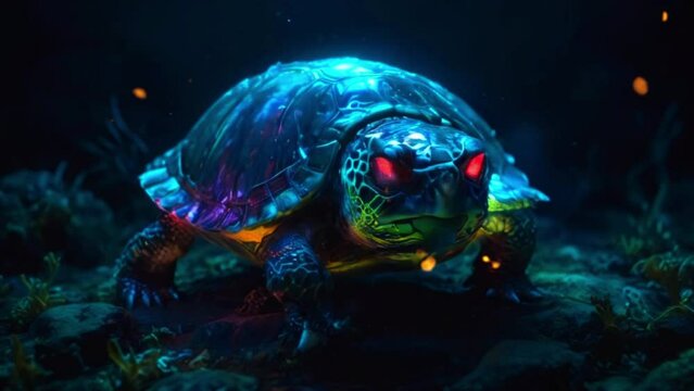A green sea turtle swims through a dark blue ocean in this video, its shell radiating a spectrum of colors.